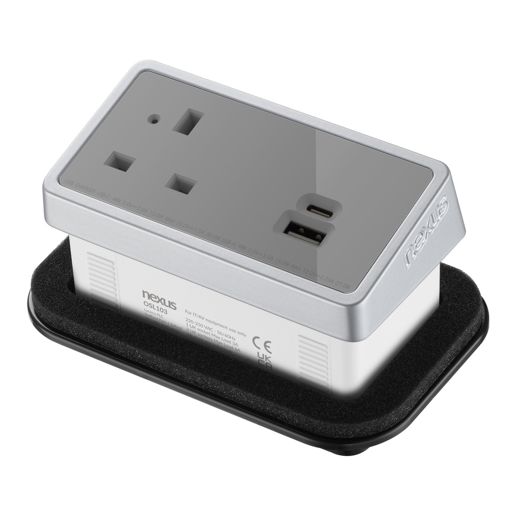 In-Desk Power Module 1X 240V Uk
Socket, 30W Usb-C, 27W Usb-A
Silver Housing Grey Veneer