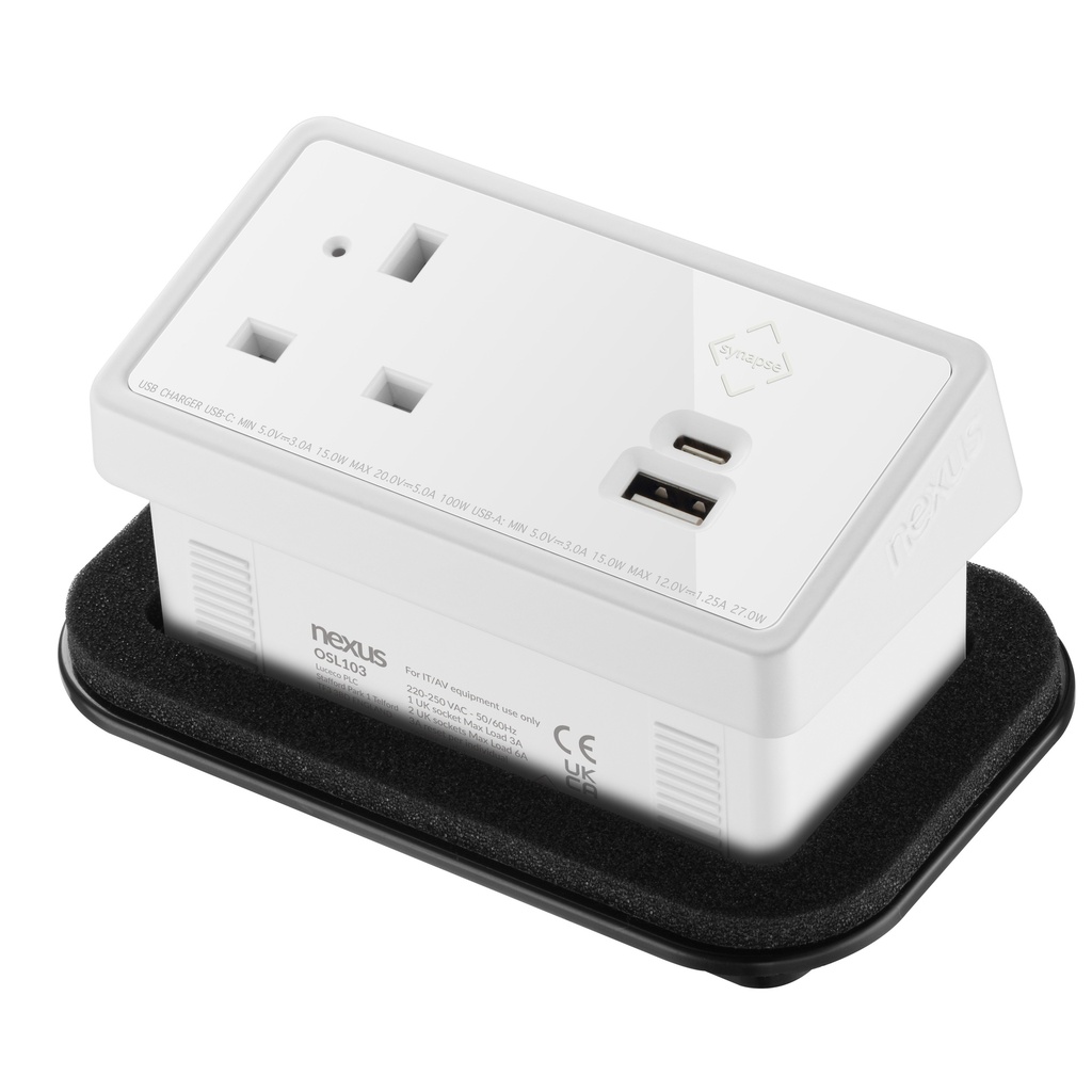 In-Desk Power Module 1X 240V Uk
Socket, 30W Usb-C, 27W Usb-A
White Housing White Veneer