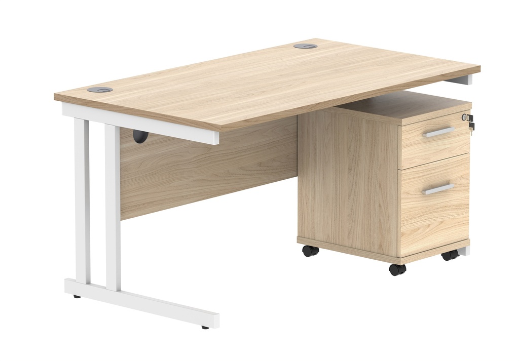 Double Upright Rectangular Desk + 2 Drawer Mobile Under Desk Pedestal (FSC) | 1400X800 | Canadian Oak/White