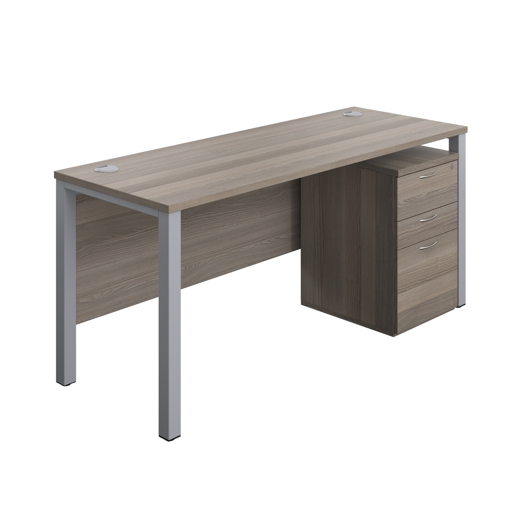 Goal Post Rectangular Desk + 3 Drawer High Mobile Pedestal (FSC) | 1600x600 | Grey oak/Silver | 