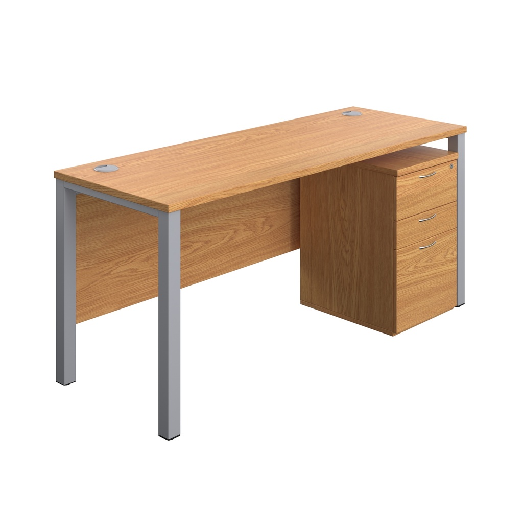 Goal Post Rectangular Desk + 3 Drawer High Mobile Pedestal (FSC) | 1600x600 | Nova oak/Silver | 