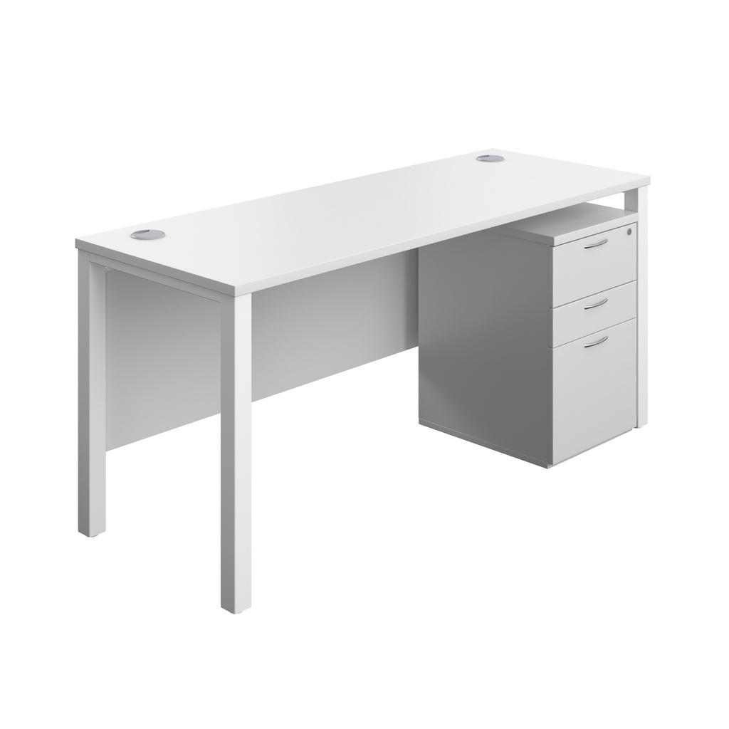 Goal Post Rectangular Desk + 3 Drawer High Mobile Pedestal (FSC) | 1600x600 | White/White | 