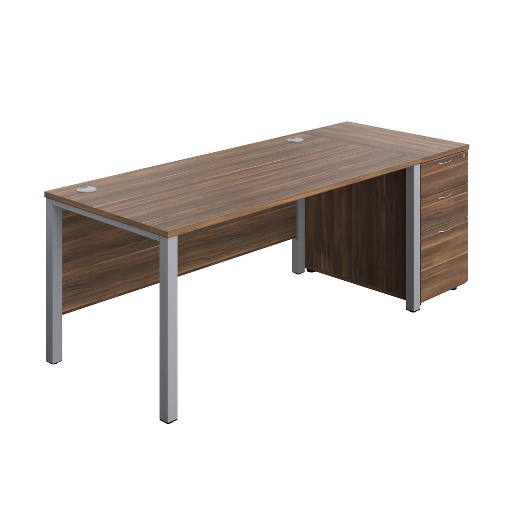 Goal Post Rectangular Desk + 3 Drawer Desk High Pedestal (FSC) | 1600x800 | Dark Walnut/Silver | 