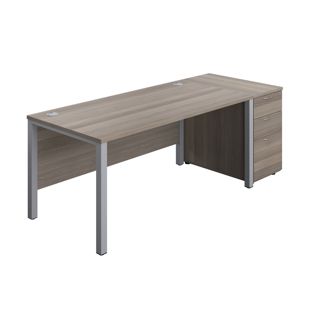 Goal Post Rectangular Desk + 3 Drawer Desk High Pedestal (FSC) | 1600x800 | Grey oak/Silver | 