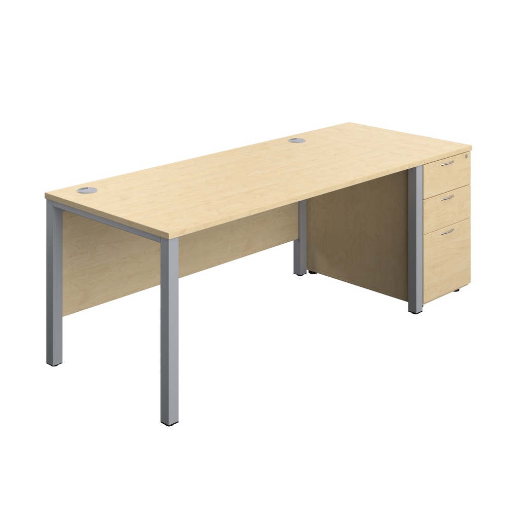 Goal Post Rectangular Desk + 3 Drawer Desk High Pedestal (FSC) | 1600x800 | Maple/Silver | 