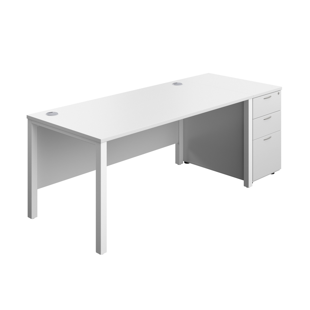 Goal Post Rectangular Desk + 3 Drawer Desk High Pedestal (FSC) | 1600x800 | White/White | 