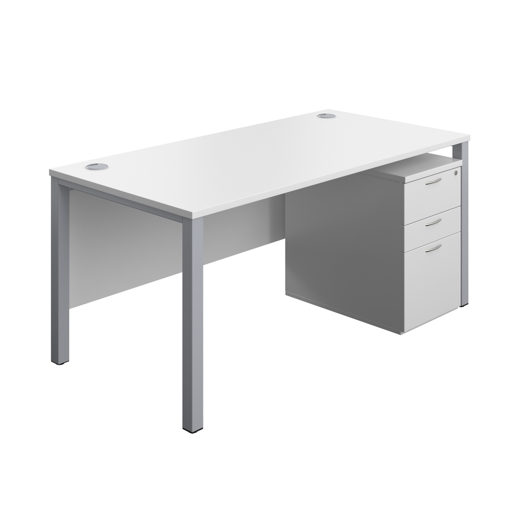 Goal Post Rectangular Desk + 3 Drawer High Mobile Pedestal (FSC) | 1600x800 | White/Silver | 