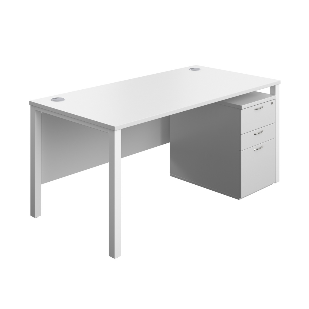 Goal Post Rectangular Desk + 3 Drawer High Mobile Pedestal (FSC) | 1600x800 | White/White | 