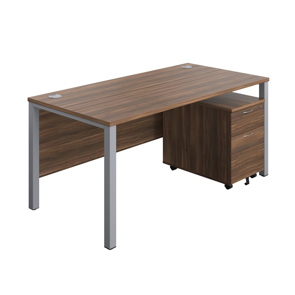 Goal Post Rectangular Desk + 2 Drawer Mobile Pedestal (FSC) | 1600x800 | Dark Walnut/Silver | 