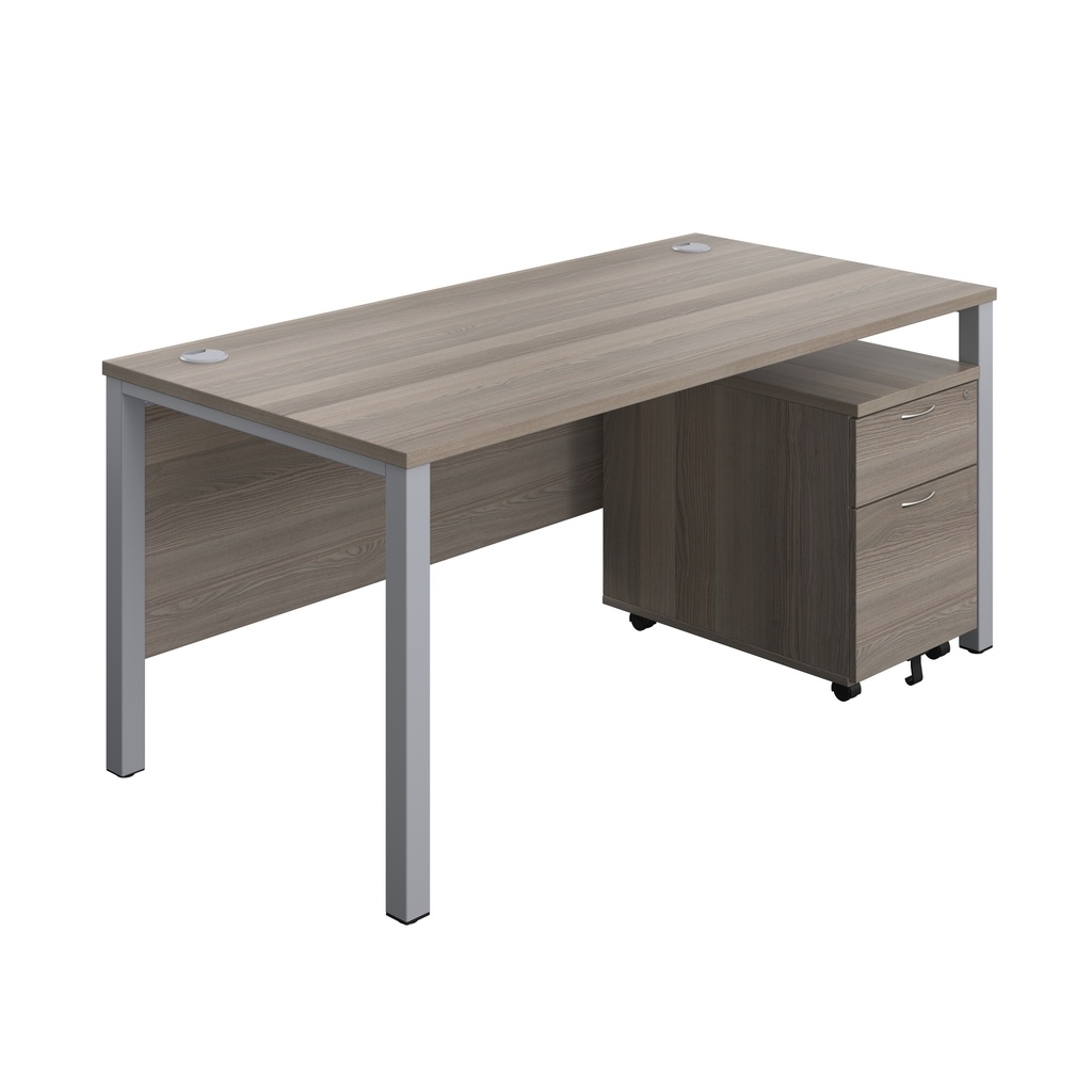 Goal Post Rectangular Desk + 2 Drawer Mobile Pedestal (FSC) | 1600x800 | Grey oak/Silver | 