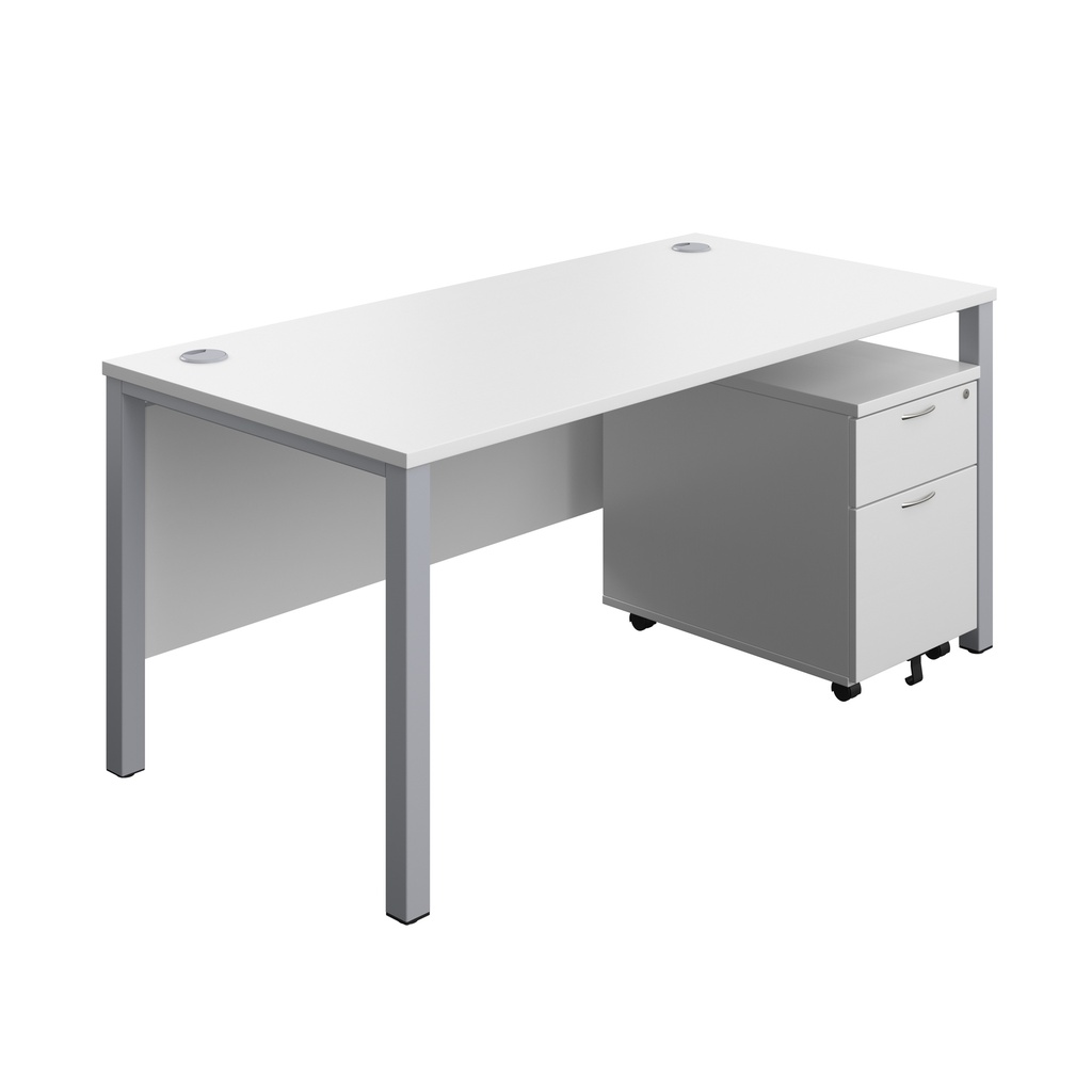 Goal Post Rectangular Desk + 2 Drawer Mobile Pedestal (FSC) | 1600x800 | White/Silver | 