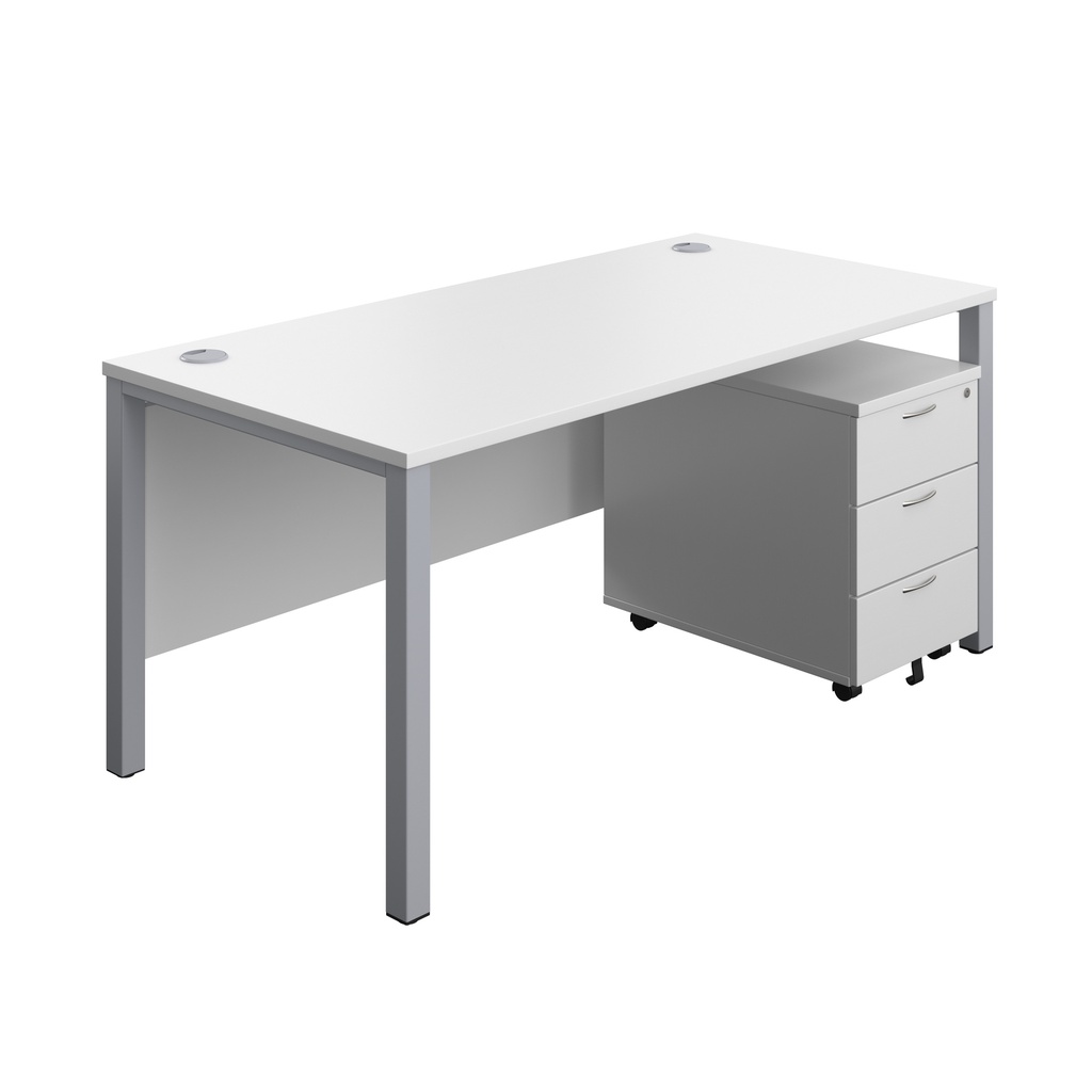 Goal Post Rectangular Desk + 3 Drawer Mobile Pedestal (FSC) | 1600x800 | White/Silver | 