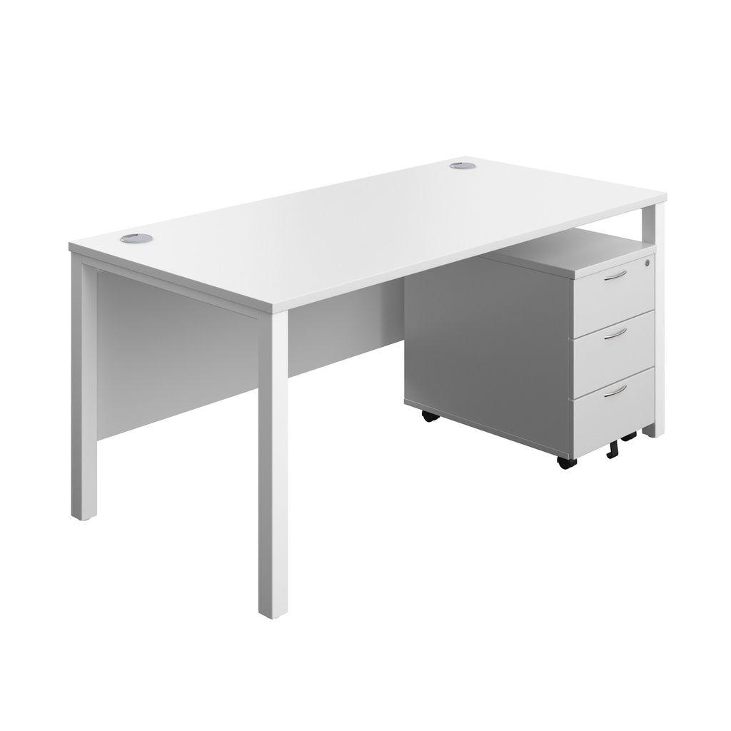 Goal Post Rectangular Desk + 3 Drawer Mobile Pedestal (FSC) | 1600x800 | White/White | 