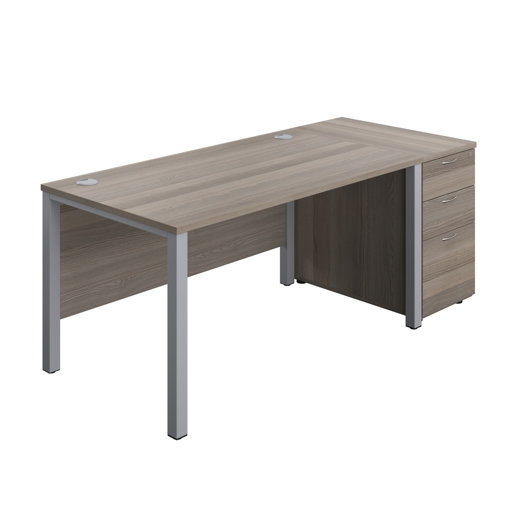 Goal Post Rectangular Desk + 3 Drawer Desk High Pedestal (FSC) | 1400x800 | Grey oak/Silver | 