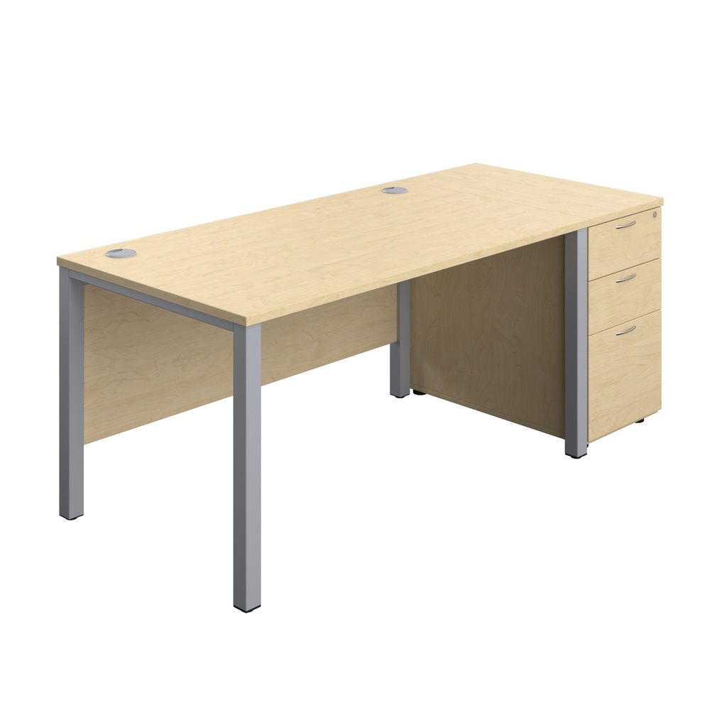 Goal Post Rectangular Desk + 3 Drawer Desk High Pedestal (FSC) | 1400x800 | Maple/Silver | 