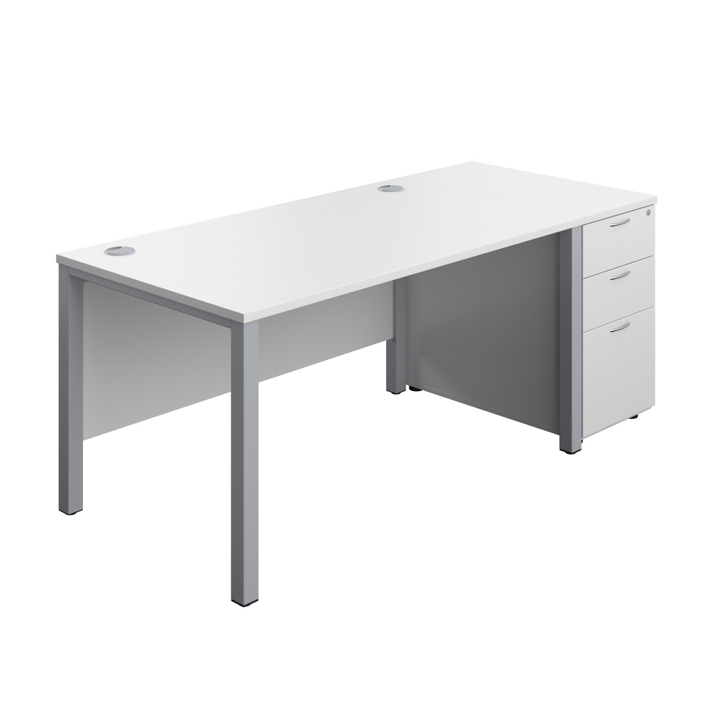 Goal Post Rectangular Desk + 3 Drawer Desk High Pedestal (FSC) | 1400x800 | White/Silver | 