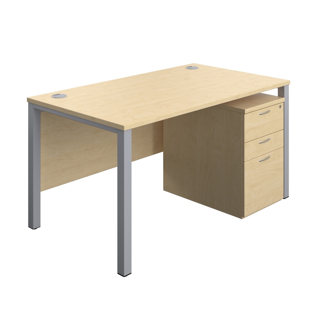 Goal Post Rectangular Desk + 3 Drawer High Mobile Pedestal (FSC) | 1400x800 | Maple/Silver | 