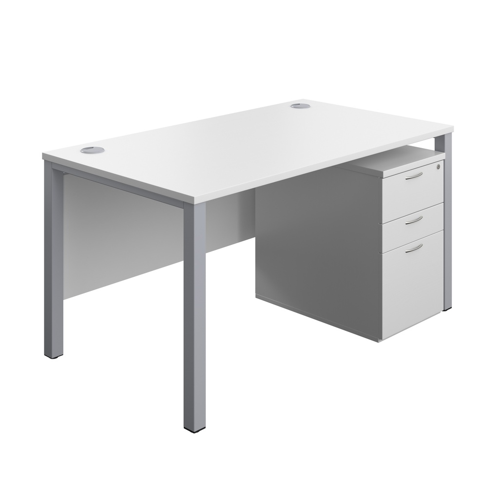 Goal Post Rectangular Desk + 3 Drawer High Mobile Pedestal (FSC) | 1400x800 | White/Silver | 