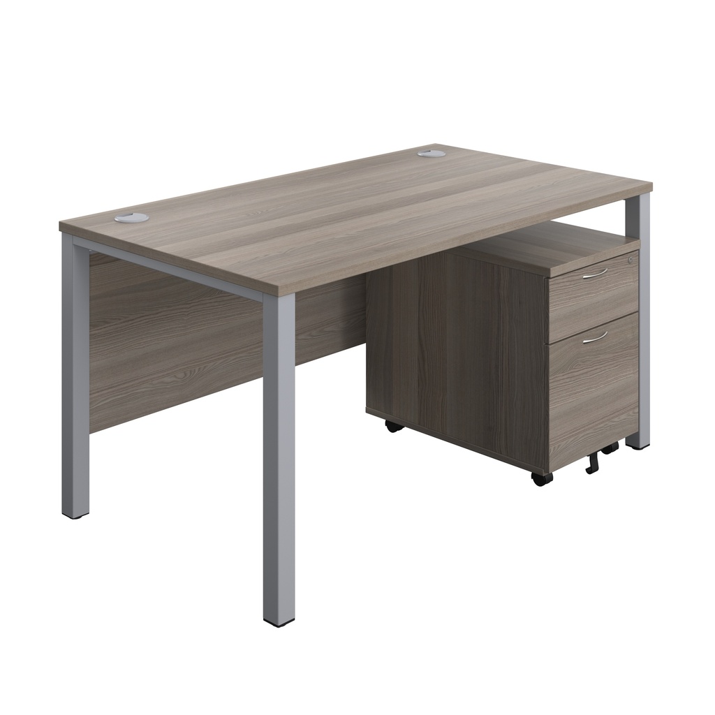 Goal Post Rectangular Desk + 2 Drawer Mobile Pedestal (FSC) | 1400x800 | Grey oak/Silver | 