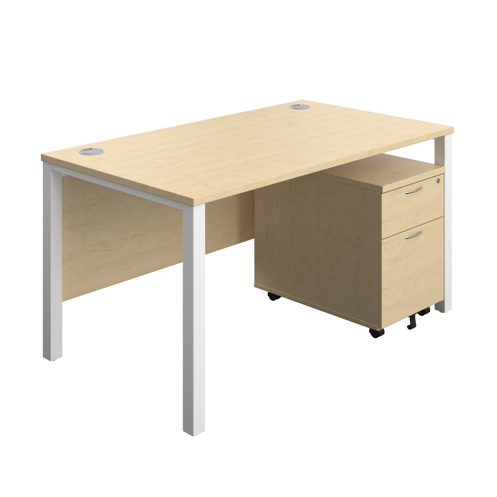 Goal Post Rectangular Desk + 2 Drawer Mobile Pedestal (FSC) | 1400x800 | Maple/White | 