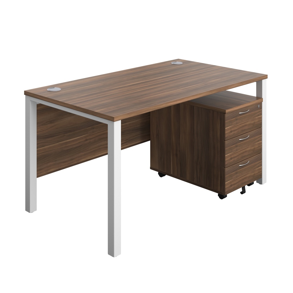 Goal Post Rectangular Desk + 3 Drawer Mobile Pedestal (FSC) | 1400x800 | Dark walnut/White | 