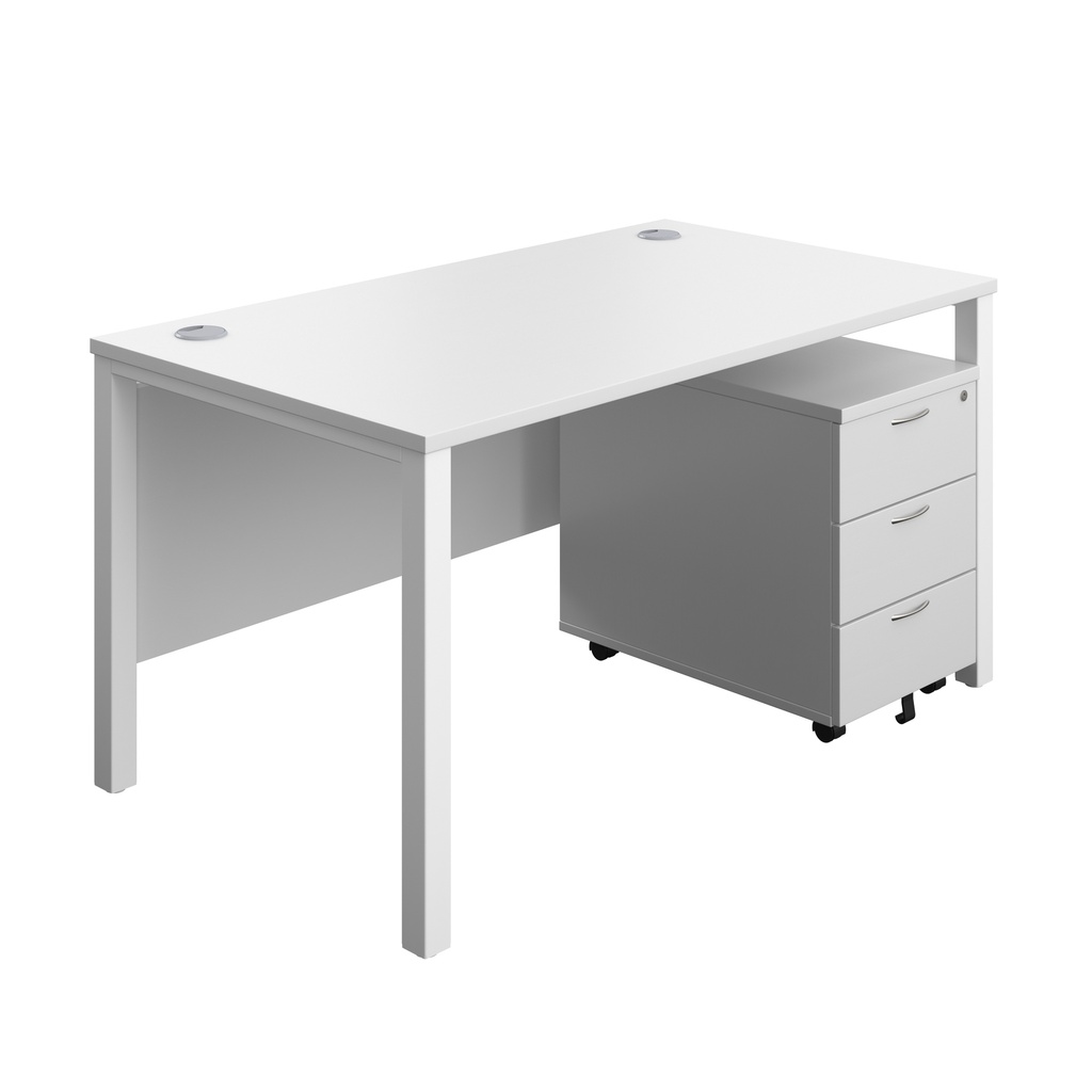 Goal Post Rectangular Desk + 3 Drawer Mobile Pedestal (FSC) | 1400x800 | White/White | 