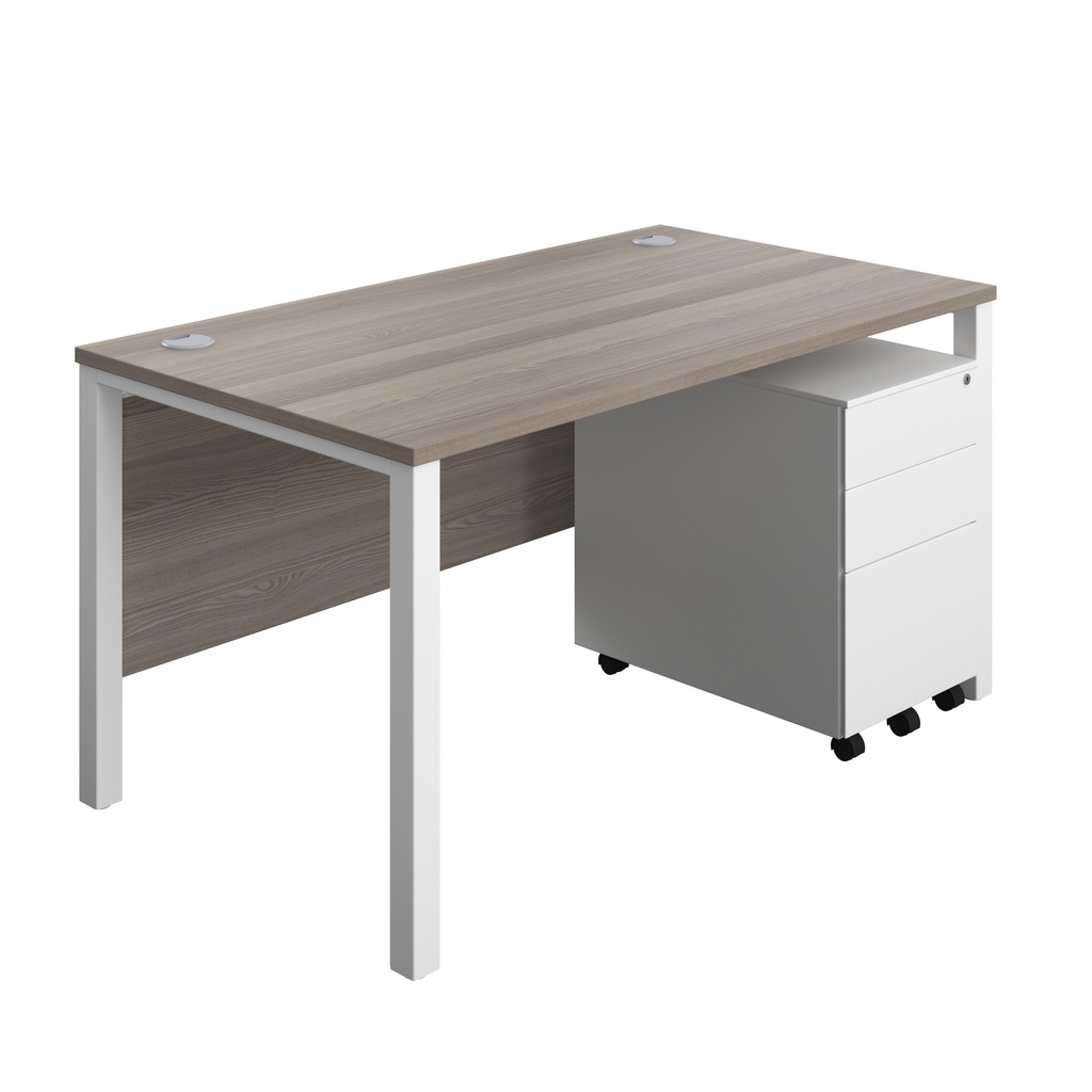 Goal Post Rectangular Desk + 3 Drawer Steel Pedestal (FSC) | 1400x800 | Grey oak/White | 