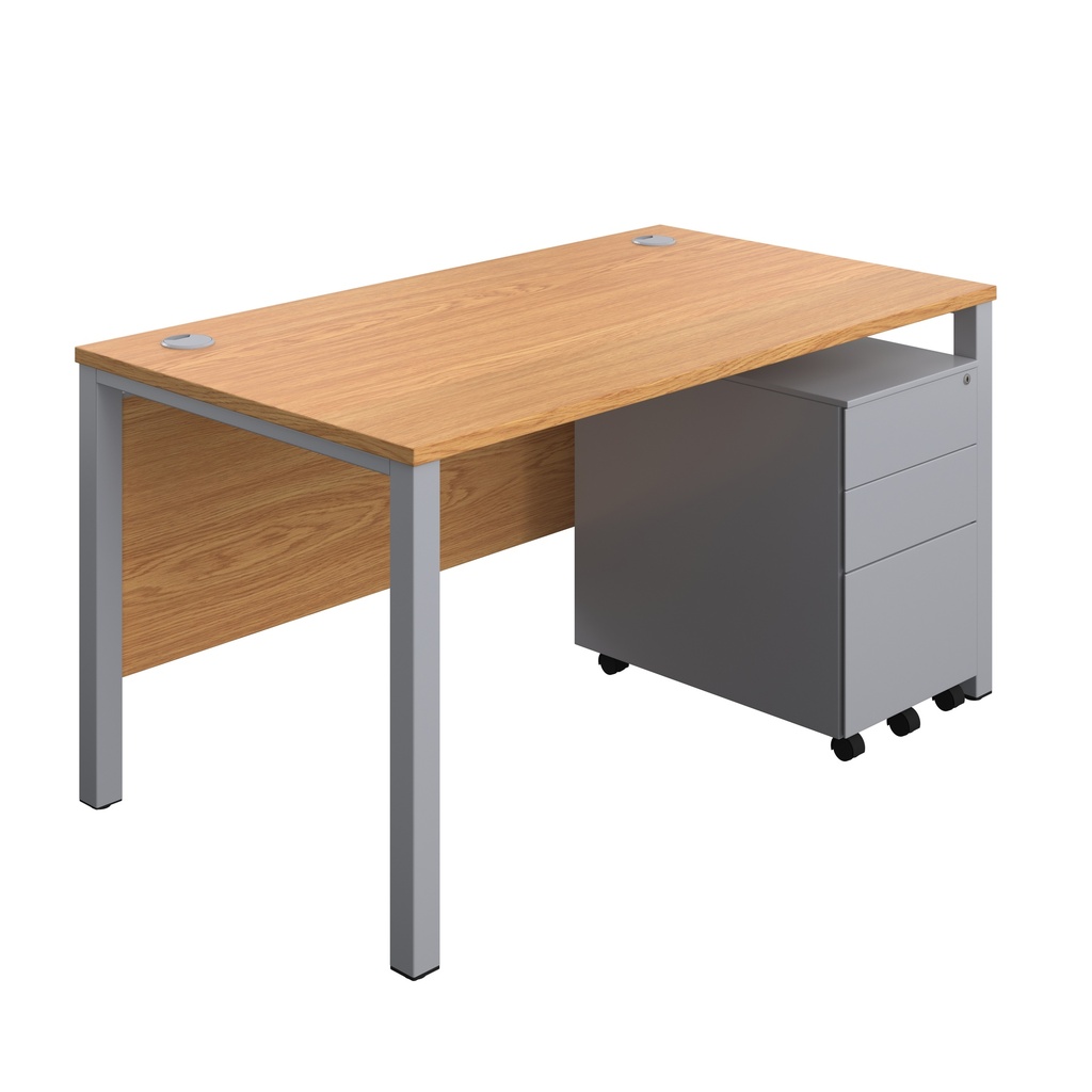 Goal Post Rectangular Desk + 3 Drawer Steel Pedestal (FSC) | 1400x800 | Nova oak/Silver | 