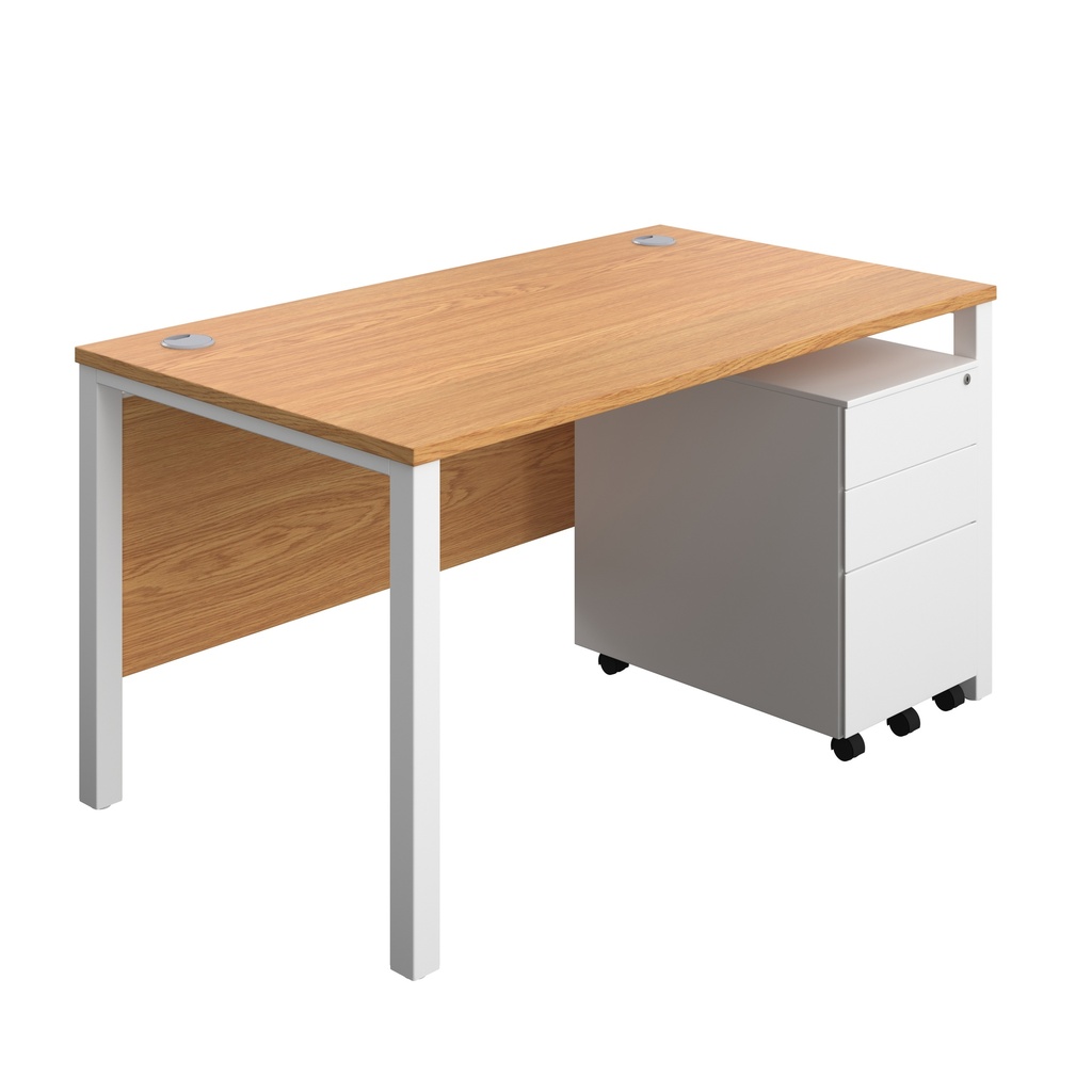 Goal Post Rectangular Desk + 3 Drawer Steel Pedestal (FSC) | 1400x800 | Nova oak/White | 