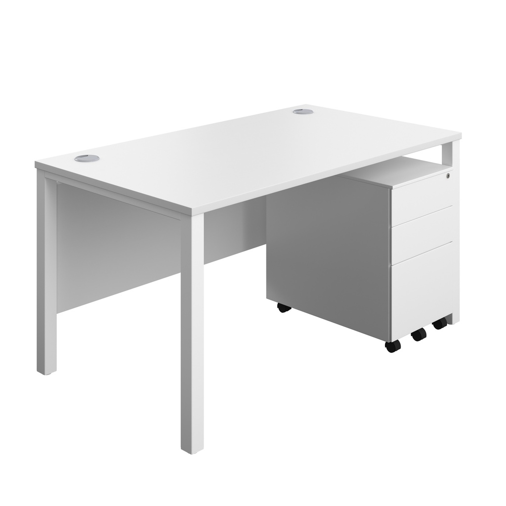 Goal Post Rectangular Desk + 3 Drawer Steel Pedestal (FSC) | 1400x800 | White/White | 