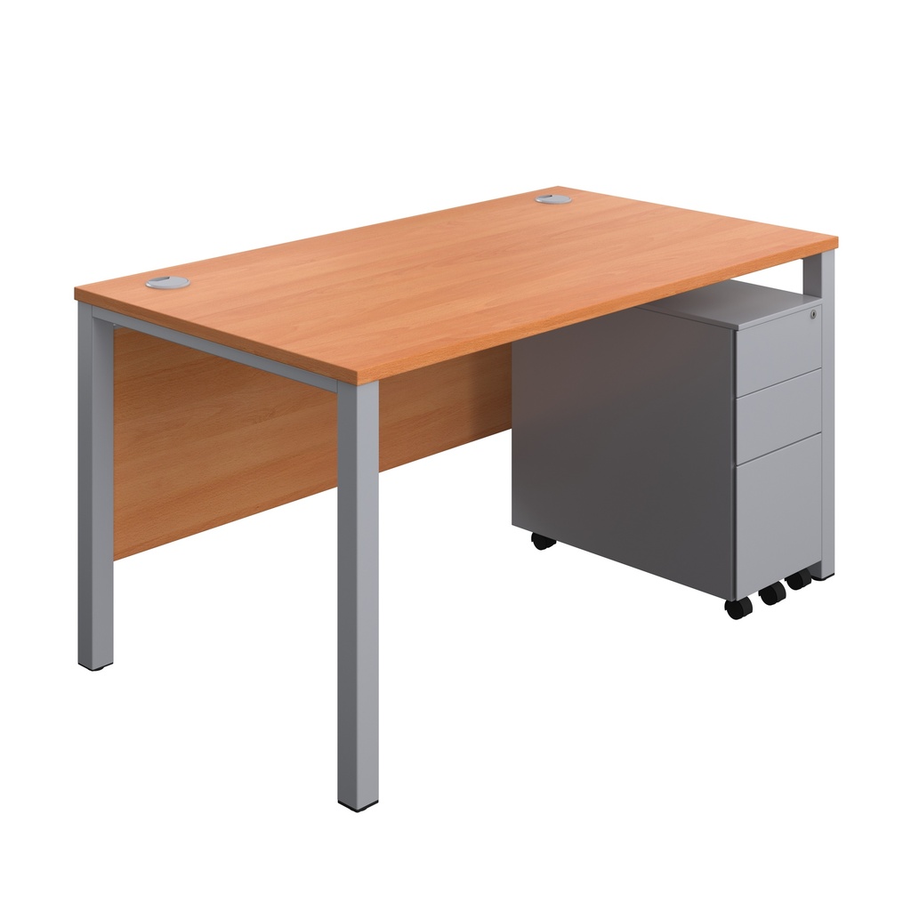 Goal Post Rectangular Desk + 3 Drawer Slimline Steel Pedestal (FSC) | 1400x800 | Beech/Silver | 