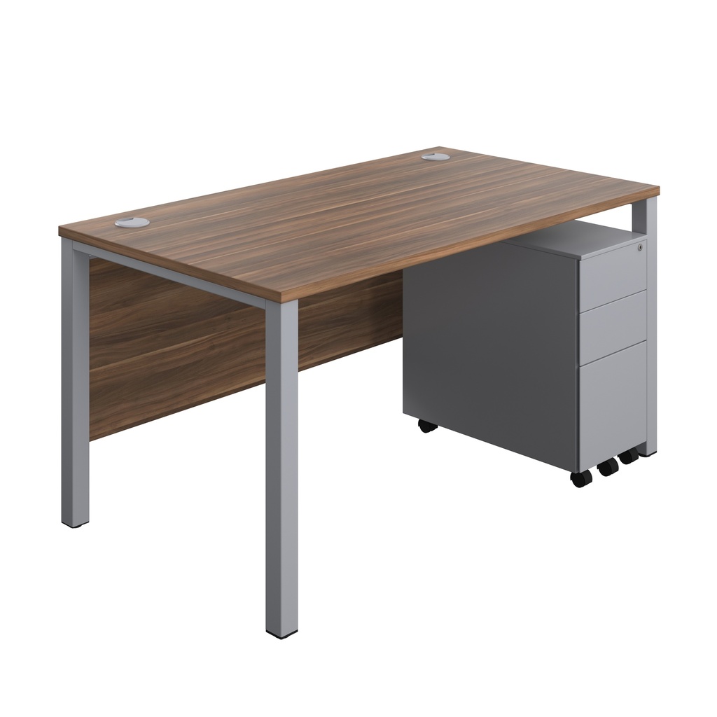 Goal Post Rectangular Desk + 3 Drawer Slimline Steel Pedestal (FSC) | 1400x800 | Dark Walnut/Silver | 