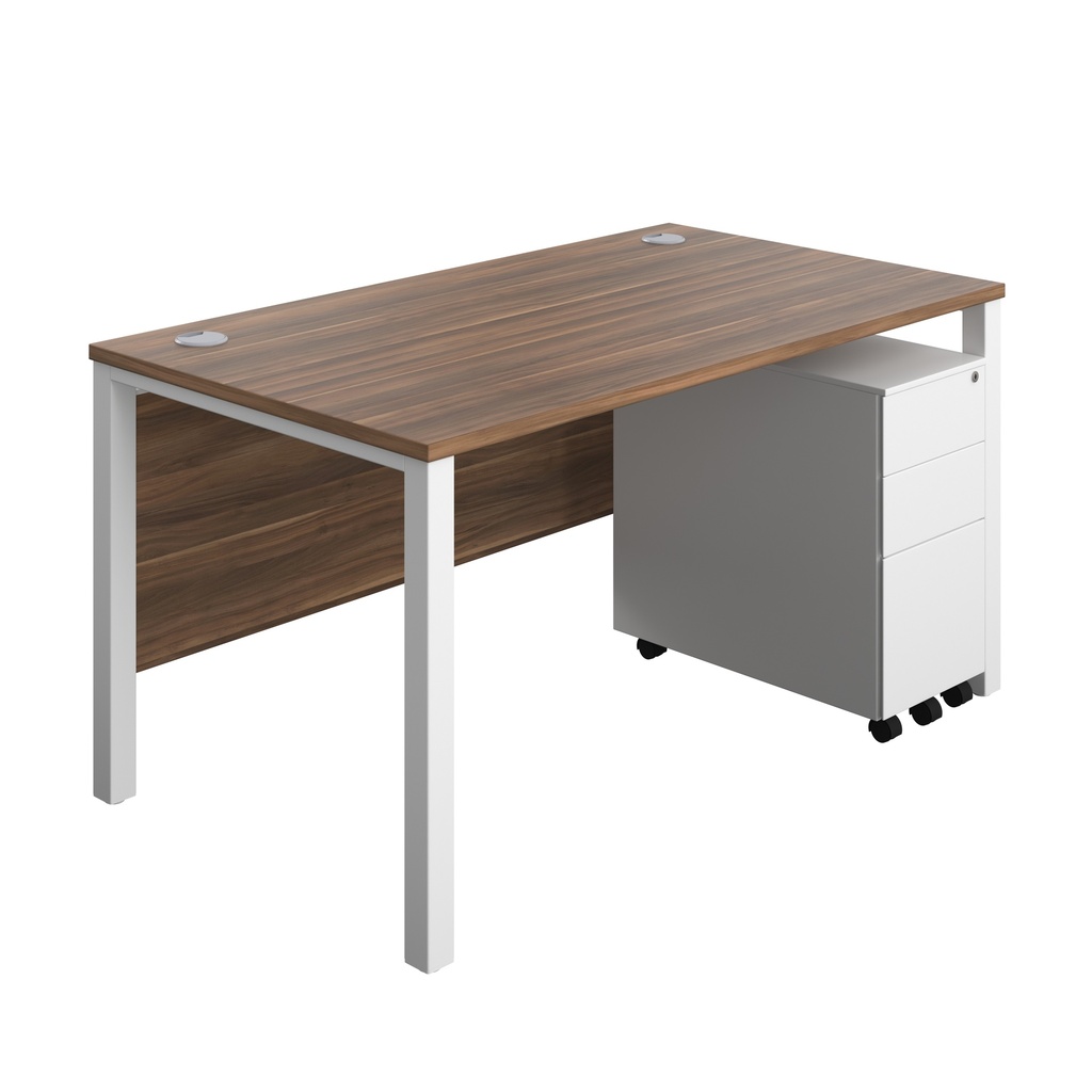 Goal Post Rectangular Desk + 3 Drawer Slimline Steel Pedestal (FSC) | 1400x800 | Dark walnut/White | 