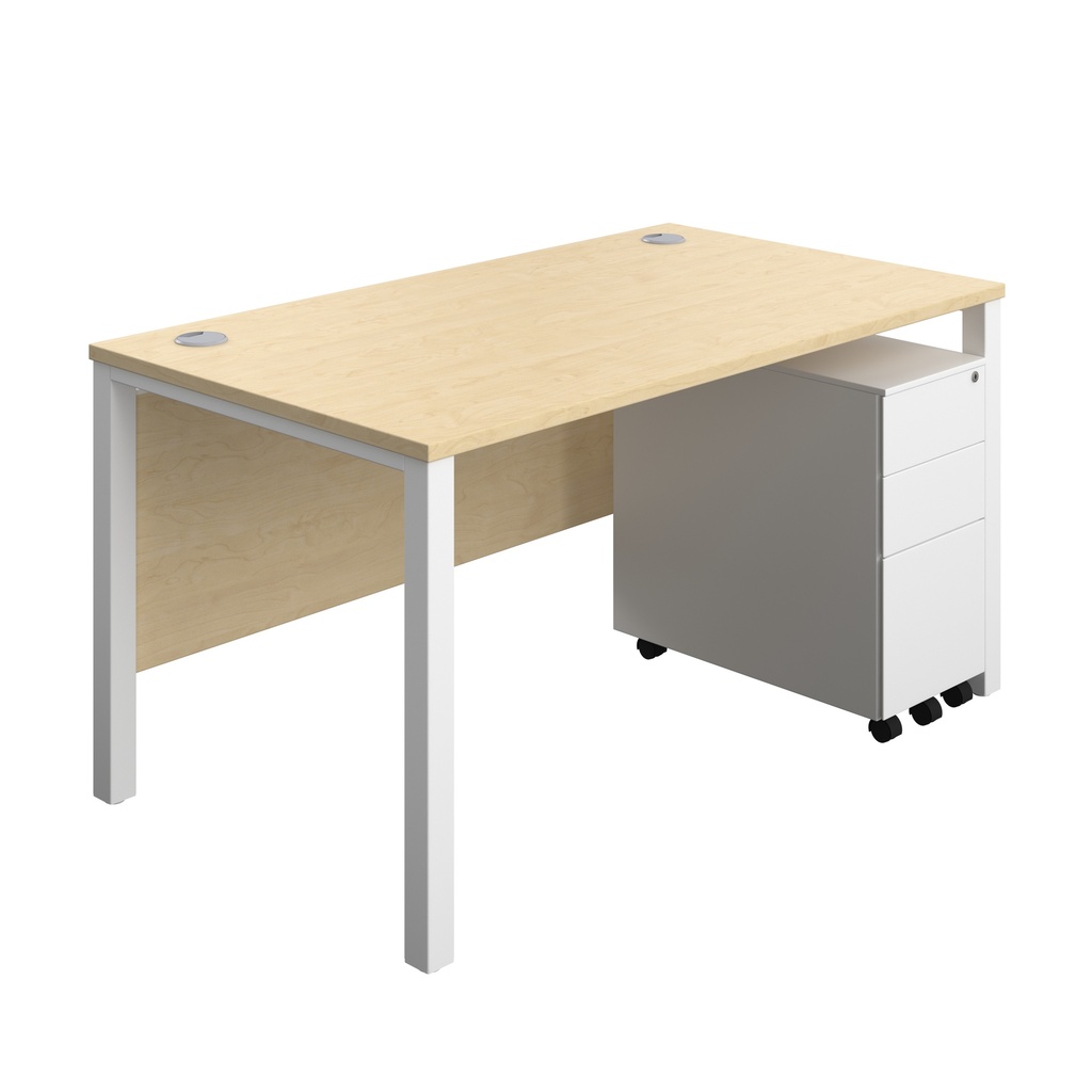 Goal Post Rectangular Desk + 3 Drawer Slimline Steel Pedestal (FSC) | 1400x800 | Maple/White | 