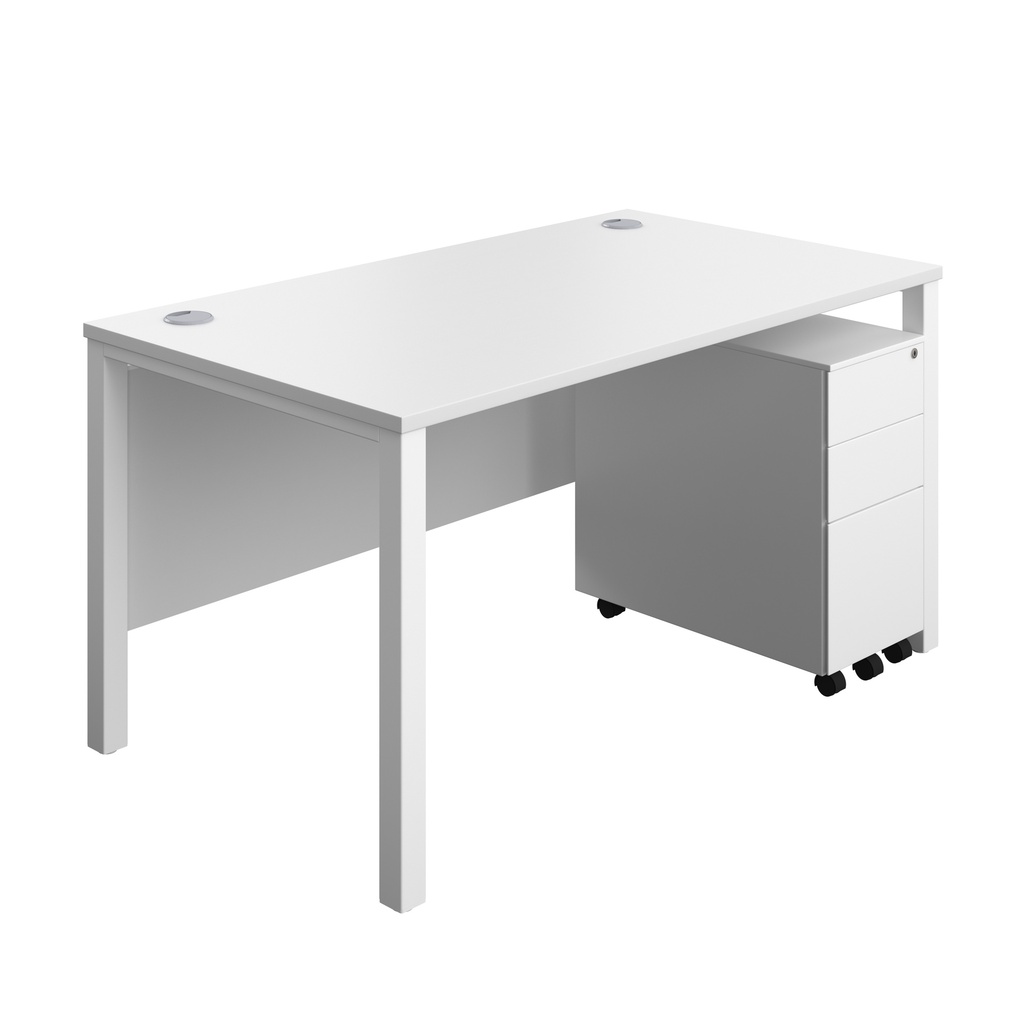 Goal Post Rectangular Desk + 3 Drawer Slimline Steel Pedestal (FSC) | 1400x800 | White/White | 