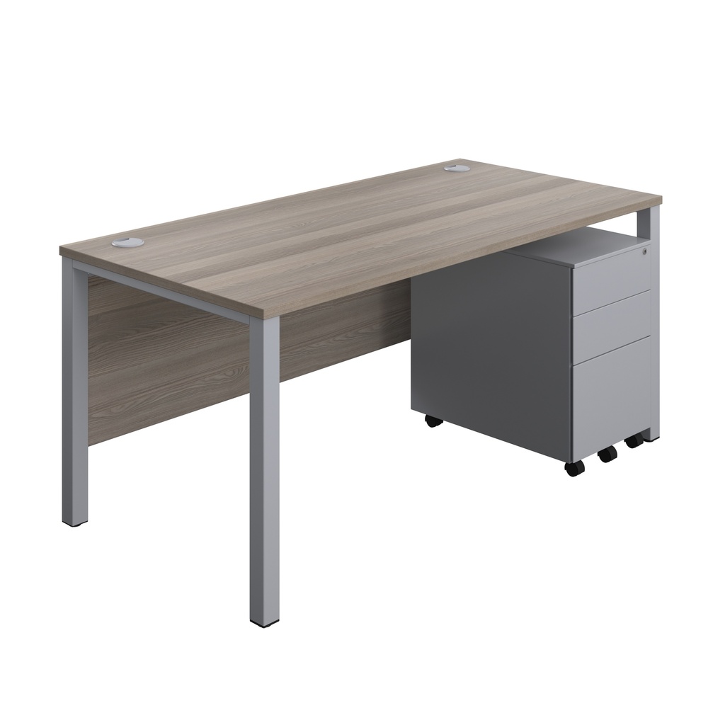 Goal Post Rectangular Desk + 3 Drawer Steel Pedestal (FSC) | 1600x800 | Grey oak/Silver | 