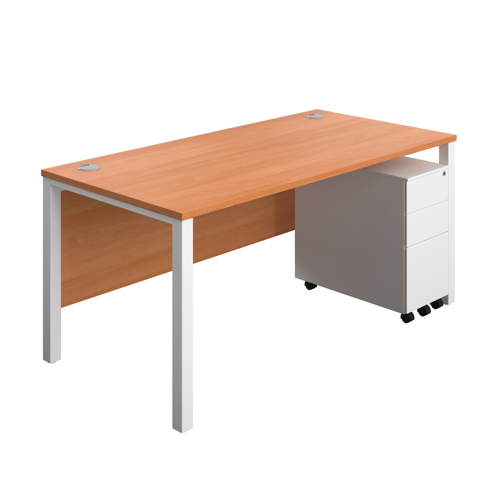 Goal Post Rectangular Desk + 3 Drawer Slimline Steel Pedestal (FSC) | 1600x800 | Beech/White | 