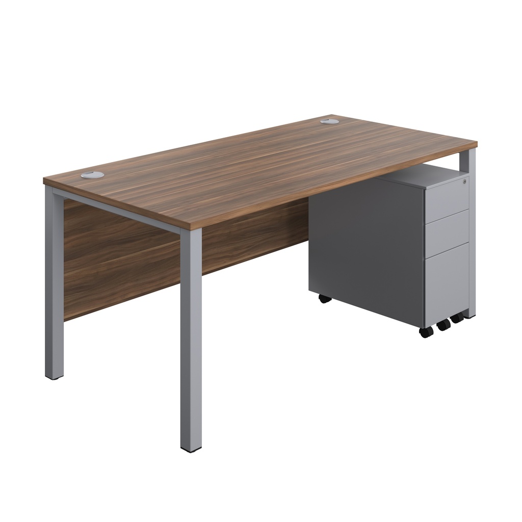 Goal Post Rectangular Desk + 3 Drawer Slimline Steel Pedestal (FSC) | 1600x800 | Dark Walnut/Silver | 