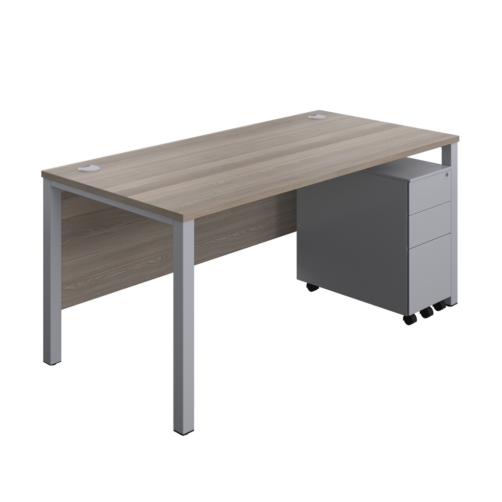 Goal Post Rectangular Desk + 3 Drawer Slimline Steel Pedestal (FSC) | 1600x800 | Grey oak/Silver | 