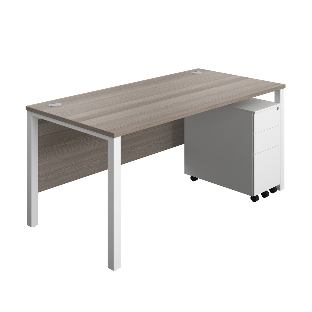 Goal Post Rectangular Desk + 3 Drawer Slimline Steel Pedestal (FSC) | 1600x800 | Grey oak/White | 