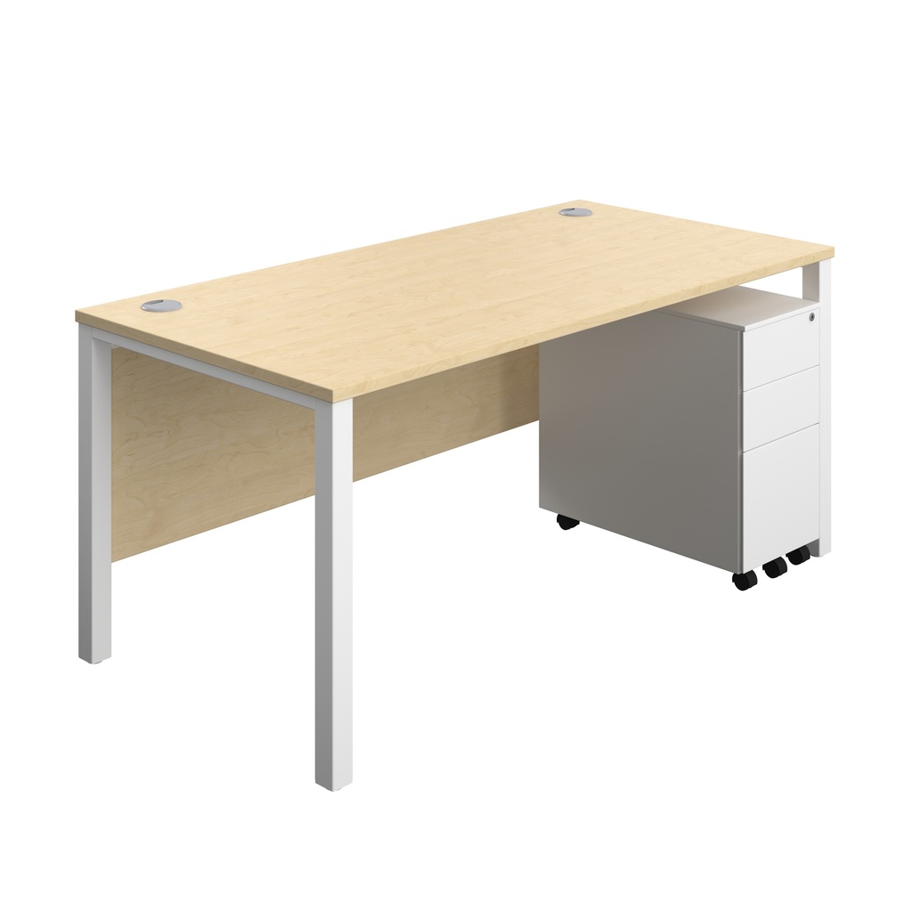 Goal Post Rectangular Desk + 3 Drawer Slimline Steel Pedestal (FSC) | 1600x800 | Maple/White | 