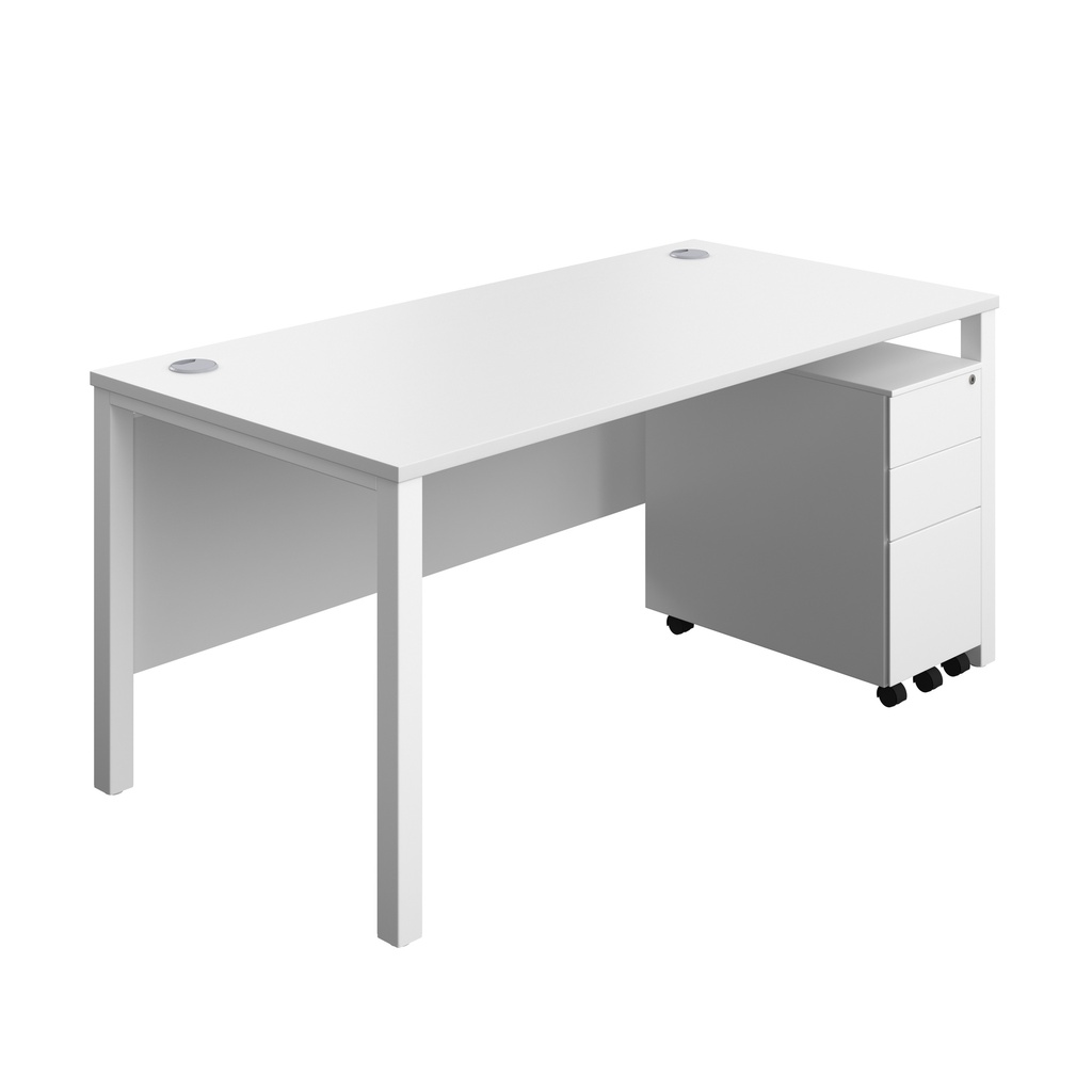 Goal Post Rectangular Desk + 3 Drawer Slimline Steel Pedestal (FSC) | 1600x800 | White/White | 