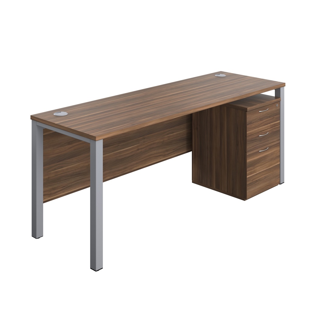 Goal Post Rectangular Desk + 3 Drawer High Mobile Pedestal (FSC) | 1800x600 | Dark Walnut/Silver | 