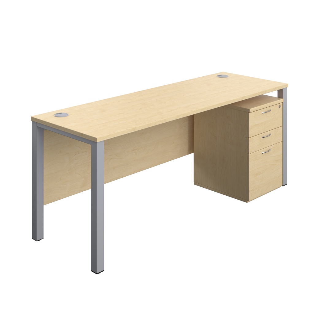 Goal Post Rectangular Desk + 3 Drawer High Mobile Pedestal (FSC) | 1800x600 | Maple/Silver | 