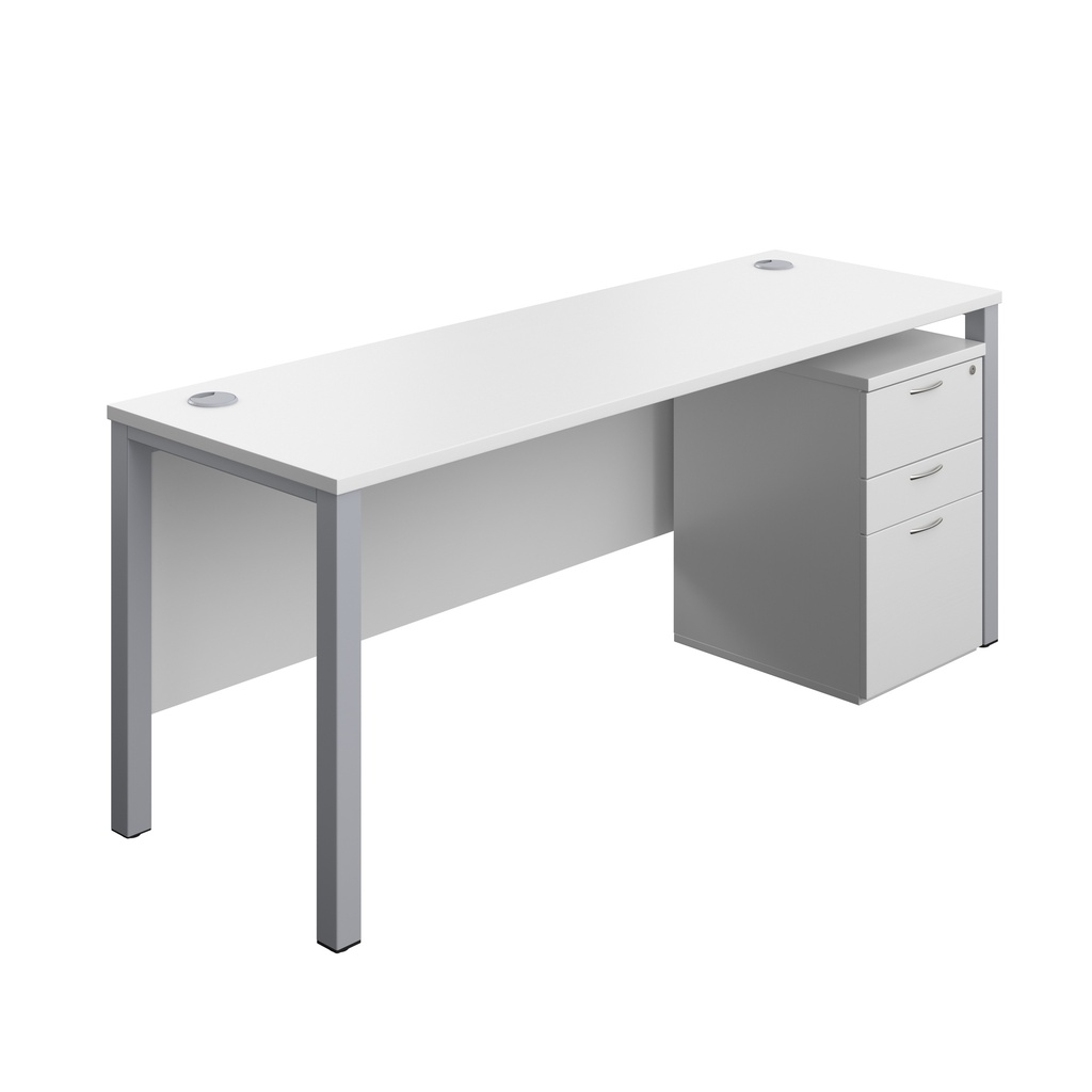 Goal Post Rectangular Desk + 3 Drawer High Mobile Pedestal (FSC) | 1800x600 | White/Silver | 