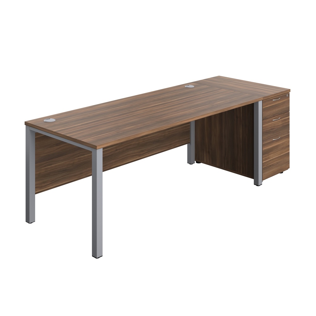 Goal Post Rectangular Desk + 3 Drawer Desk High Pedestal (FSC) | 1800x800 | Dark Walnut/Silver | 