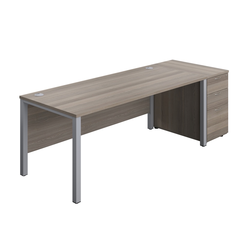 Goal Post Rectangular Desk + 3 Drawer Desk High Pedestal (FSC) | 1800x800 | Grey oak/Silver | 