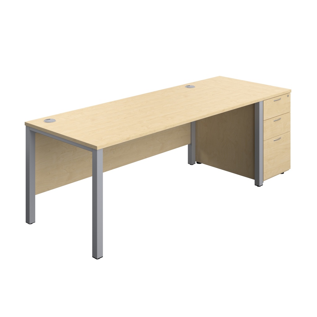 Goal Post Rectangular Desk + 3 Drawer Desk High Pedestal (FSC) | 1800x800 | Maple/Silver | 