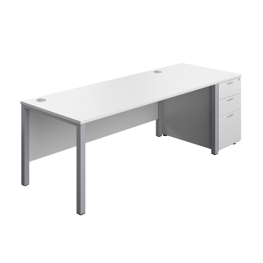 Goal Post Rectangular Desk + 3 Drawer Desk High Pedestal (FSC) | 1800x800 | White/Silver | 