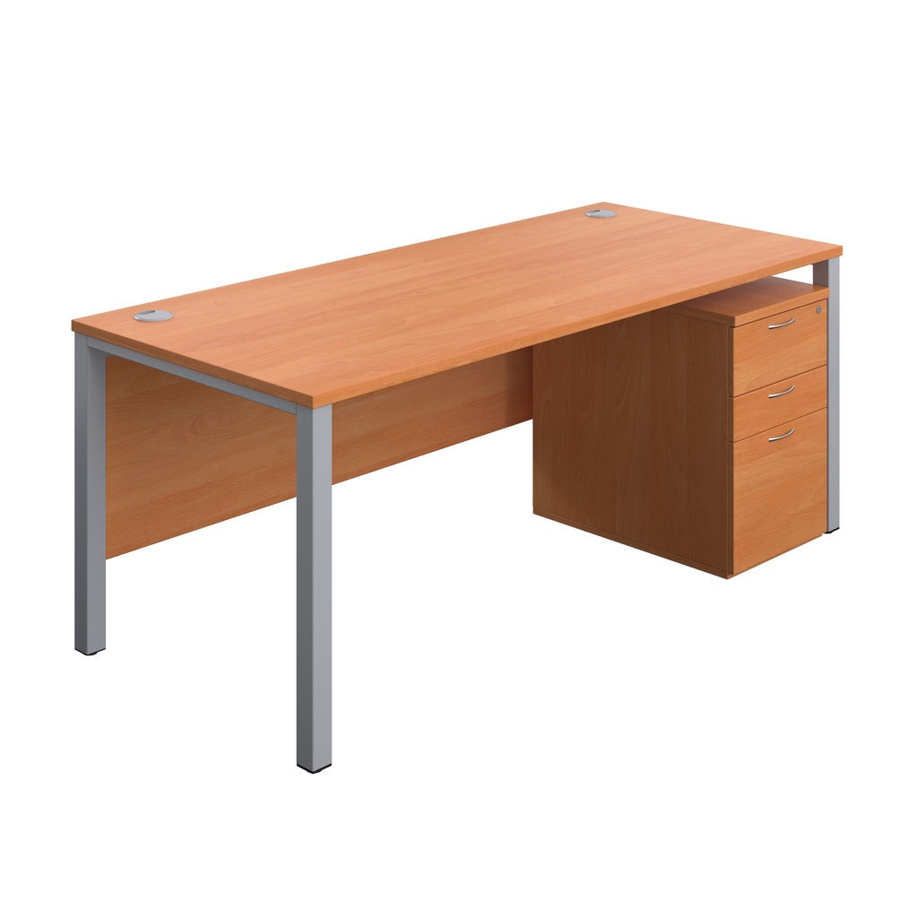 Goal Post Rectangular Desk + 3 Drawer High Mobile Pedestal (FSC) | 1800x800 | Beech/Silver | 